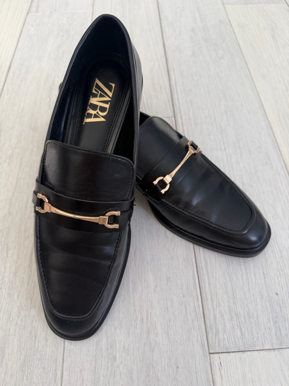 Zara Black Leather Loafers with Gold Bit size 39 European, fits US8.5